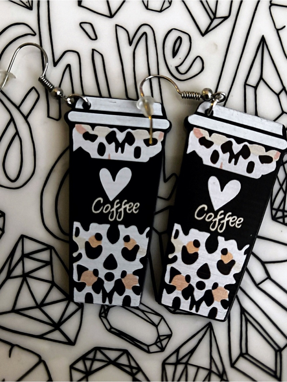 Coffee Cup Leopard Print Dangle Earrings - Brown & White with Rose Gold Accents